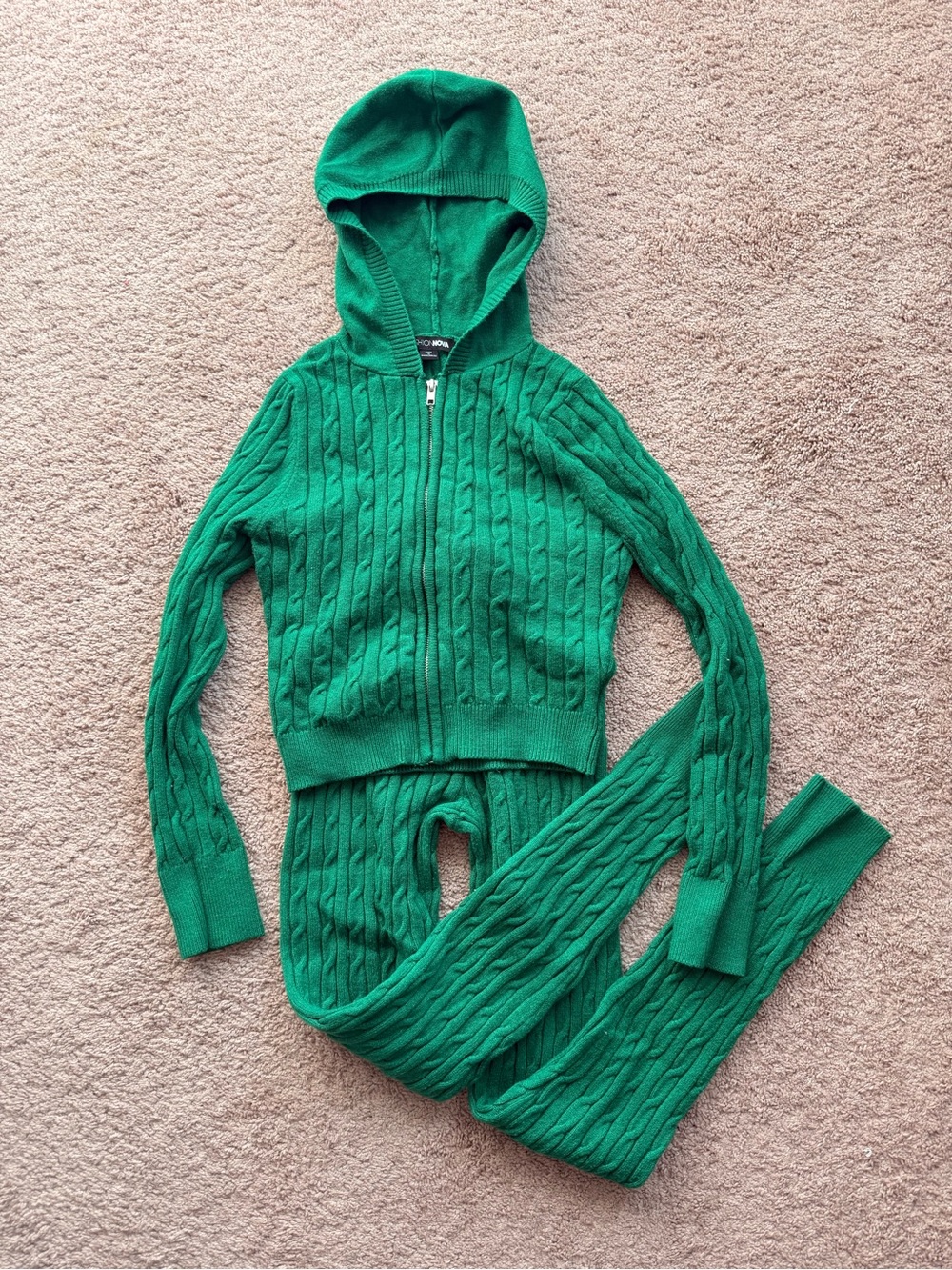 Fashion Nova Cable Knit Zip Up Hoodie & Pants Set - Green